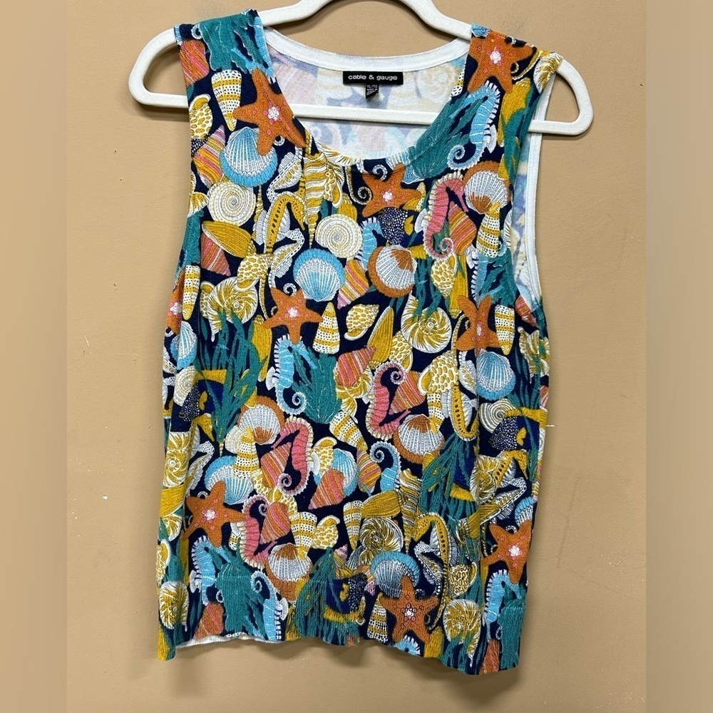 Cable & Gauge Sleevless Sweater Top Seashell Ocean Print Size XL